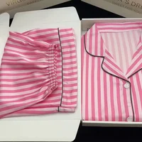 Women Summer Pajamas Short-Sleeved Lapels and High-Quality Pink Striped NightWear Loungewear Two-Piece Set ladies sleepwear - Image 2