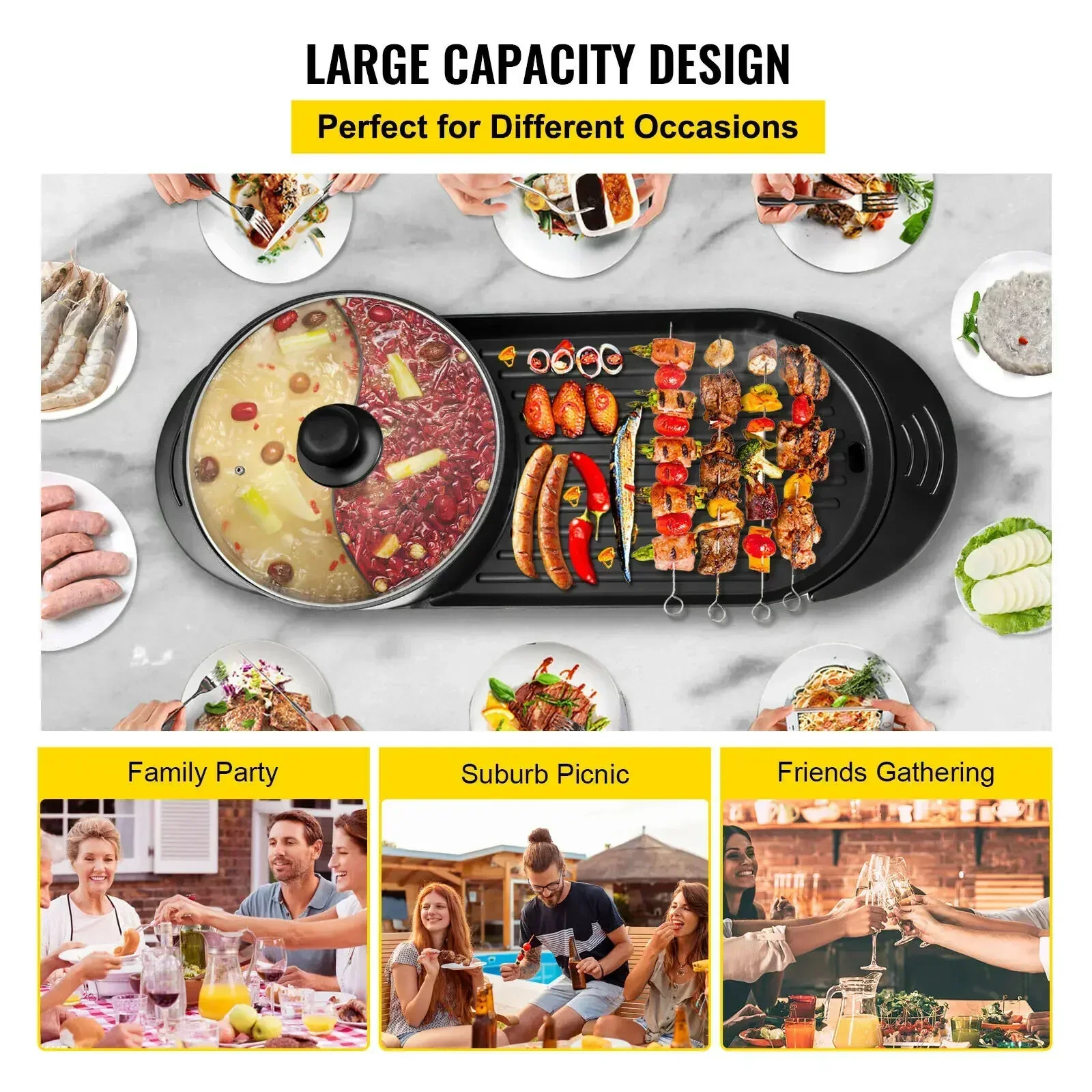 VEVOR Electric BBQ Pan 2 in 1 Grill Hot Pot Portable Smokeless Durable Material Fast Even Heated for Shellfish Vegetables Home 2