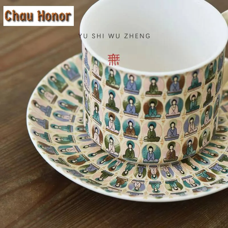 250ml Thousand Buddha Cave Mural Ceramic Coffee Mug Creative Cup and Saucer Set Milk Breakfast Cup Kung Fu Teaset Drinkware Gift