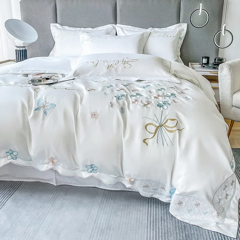 

Fresh 120 Cotton Four-Piece Set Girl's Heart Butterfly Embroidered Cotton Quilt Cover Fitted Sheet Bare Sleeping Bedding