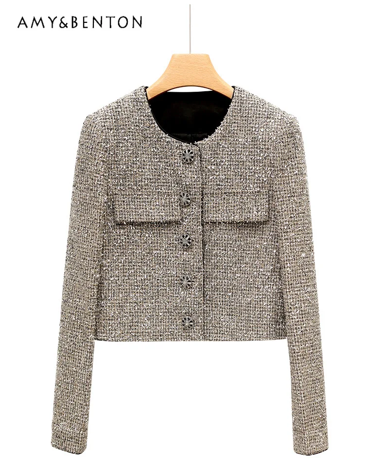 

French Classic Style Socialite Short Coat Women Korean Graceful Fashionable Single-Breasted Round Neck Long Sleeve Tweed Coat