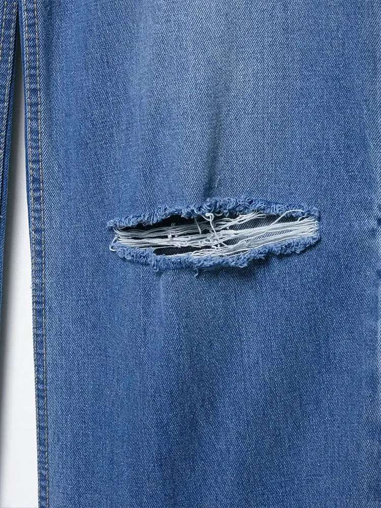 HH Women Fashion Knee Hole Jeans High Waist Zipper Wide Leg Denim Pants Vintage Y2k High Street Lady Trousers Ripped Jeans