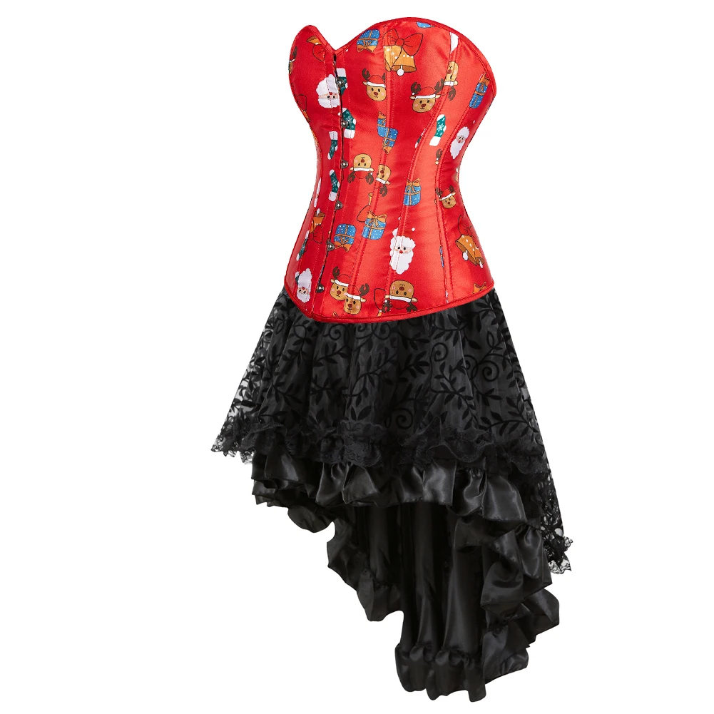 Christmas Corsets Dress for Women Santa Printing Bustier Top with Skirt Plus Size Burlesque Party Costume Fancy Rave Outfits