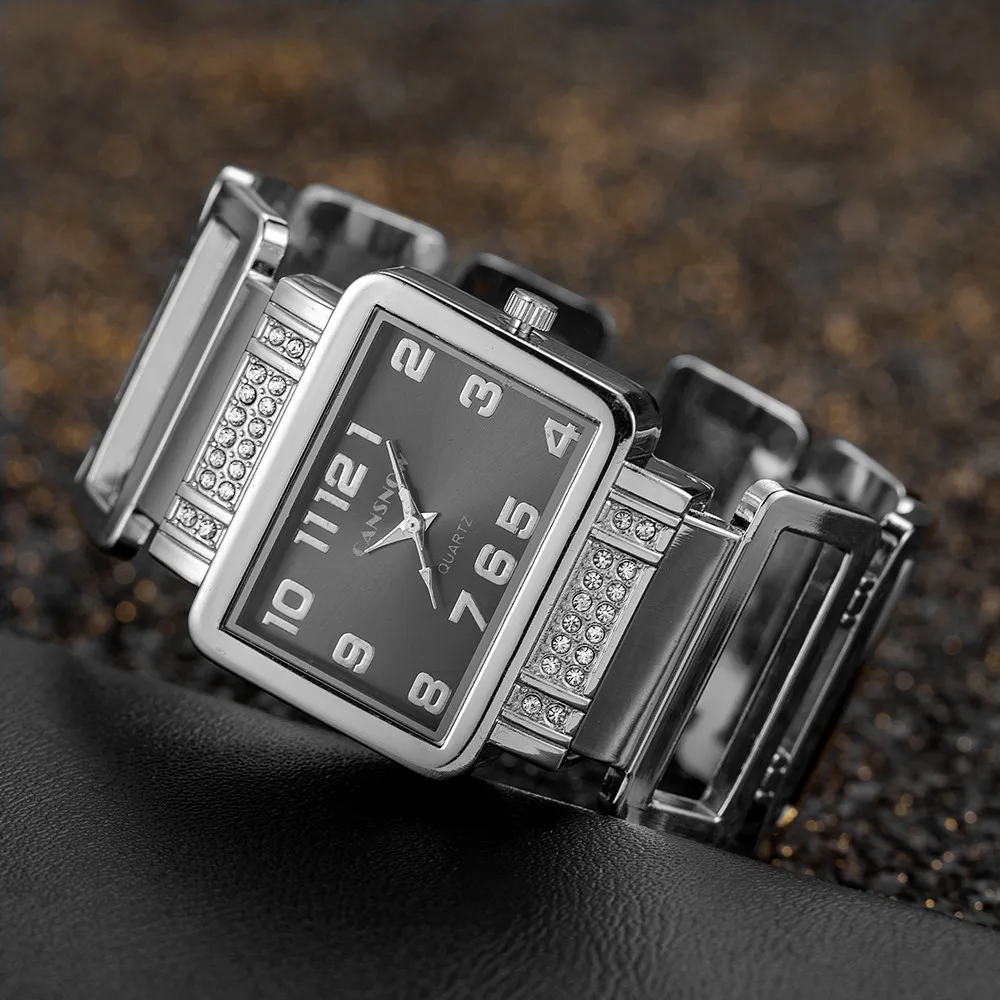 New CANSNOW Rectangle Ladies Wrist Watch Silver Bangle Watches For Women Crystal Hollow Stainless Steel Quartz Female Clock 2