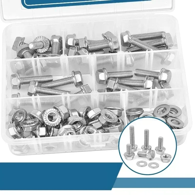 96pcs Flange Hexagon Bolt Nut Washer Kit Stainless Steel Screws Hex Cap Flange Bolt Assortment Kit M8 Hardware Fasteners Tools