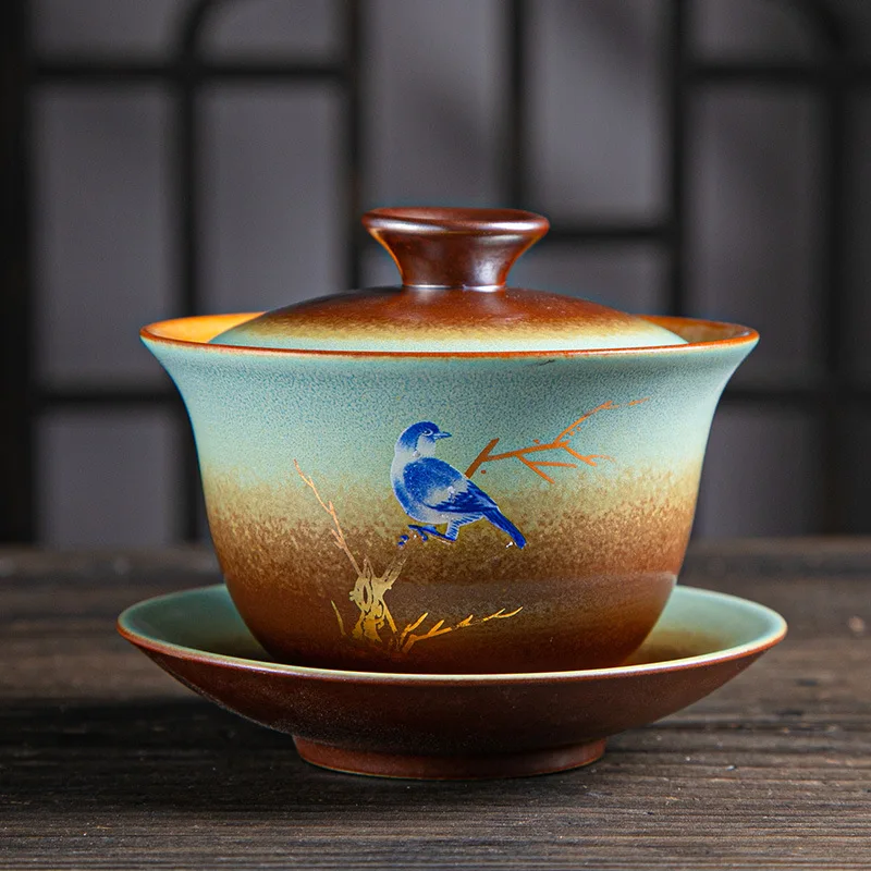 Chinese Ceramic Tea Tureen, Kungfu Tea Cup, Making Device, Ancient Pottery, Teaware Utensils, Vintage Firewood Sancai Gaiwan