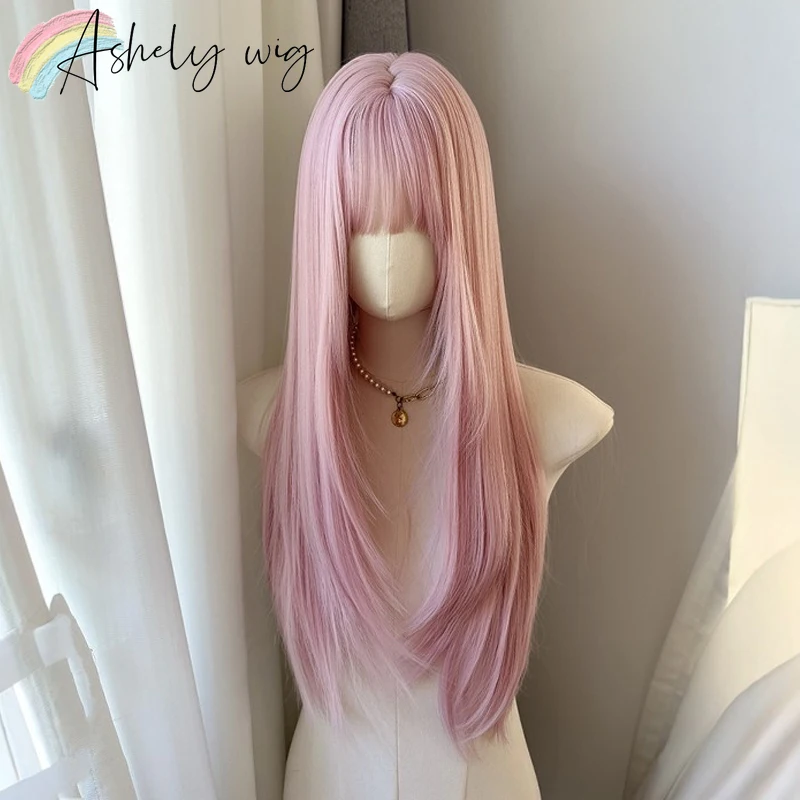 Ashely Pink Wig with Bangs 28inch Long Straight Hair Wig for