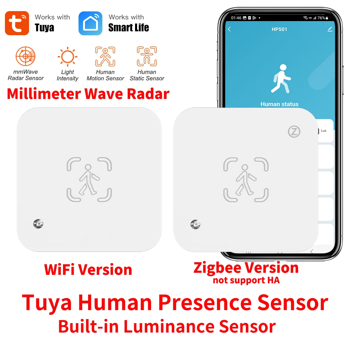 Human Presence Sensor Tuya Zigbee WiFi Human Presence Sensor MmWave Radar Detector With Luminance Sensor for Smart Home Smart Life replace PIR