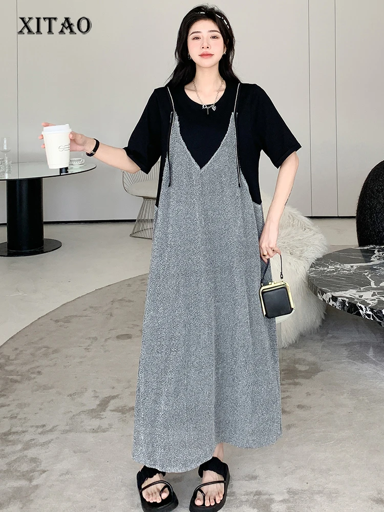 

Платье-футболка XITAO из двух частей, комбинированная рубашка на бретелях контрастных цветов, пуловер с рукавом, женское весеннее повседневное платье, WLD20119