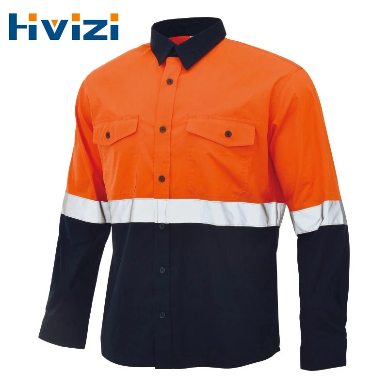 

Two Tone Long Sleeve Safety Work Shirt Reflective Workwear 100% Cotton Orange Navy Safety Shirts With Hi Vis Tapes