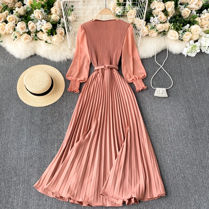 

2023 Autumn Fashion French Pleated Maxi Dress for Women Elegant O Neck Long Sleeve A-line Dress Women Wedding Dresses
