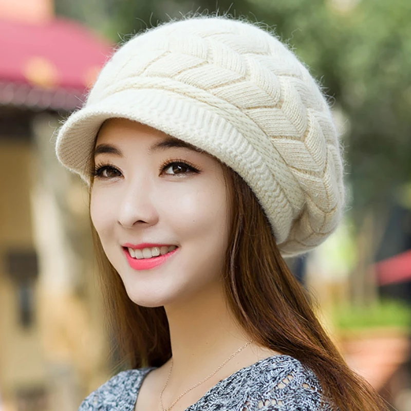 Women's Hats Winter Warm Knitted Hat Rabbit Hair Double Layer Plus Velvet Cap Visor Beanies For Women Casual - 2