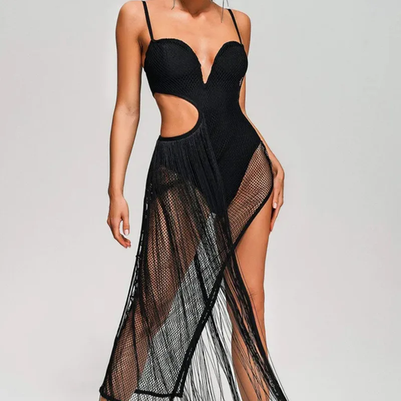 

Deep V Neck Hollow Out Maxi Bandage Dress Spaghetti Strap Tassel Fishnet Patchwork Women Vestidos Sexy Nightclub Party Dress