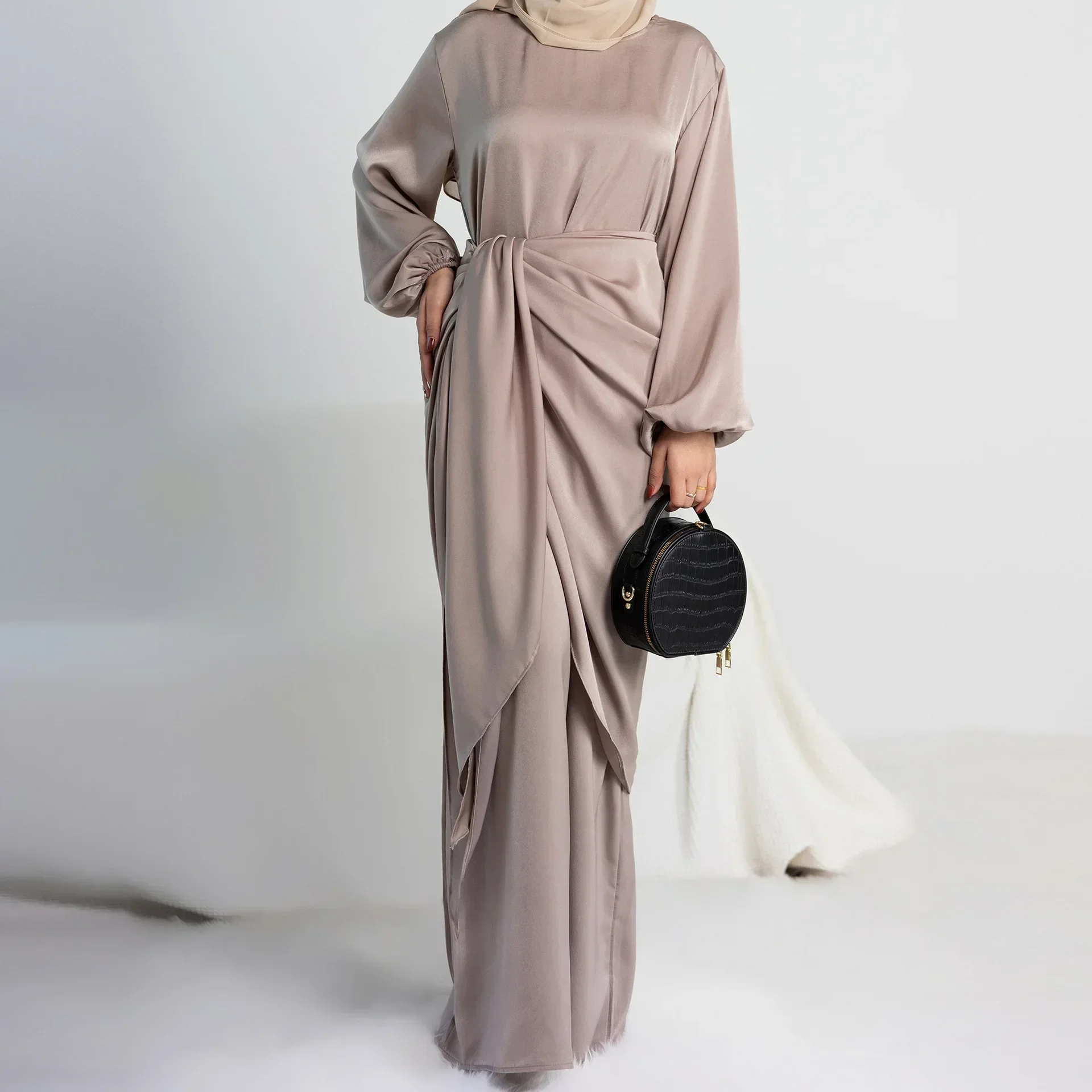Turkey Muslim Satin Dress Abaya 2pcs Set Wrap Skirt Party Long Modest Dresses for Women Dubai Islamic Clothing Kaftan Hijab Robe
