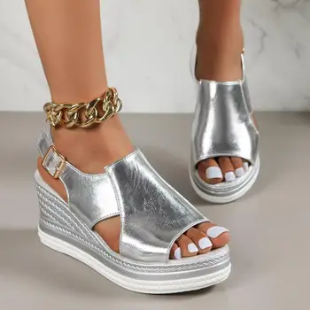 Silver Platform Wedge Sandals Leather Summer Thick High Heel Sandals Buckle Outdoor New Peep Toe Fish Mouth Sandals Woman Sandal
