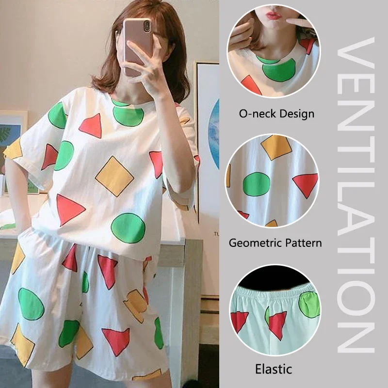 Kurzarm-Pyjama für Damen, Sommer, Cartoon, niedlich, geometrisch, Nachtwäsche, Homewear, lässig, Pullover, Hemd, Damen-Nachtwäsche, Loungewear – Detail 4