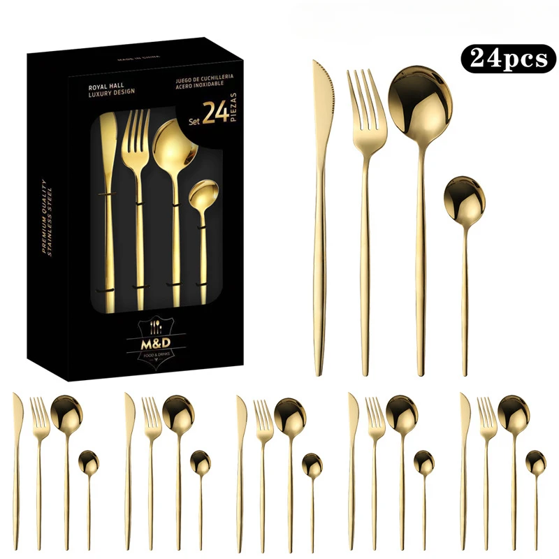 cutlery set western style cutlery set stainless steel cutlery set 24 Pcs stainless steel tableware set with thickened knife fork spoon black gold Western silver tableware