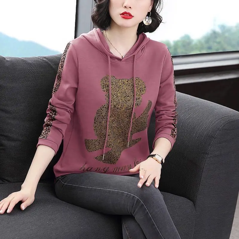 Women's Hooded Drawstring Hoodies Thin Loose Patchwork Printed Diamonds Cartoon Long Sleeve Pullover Autumn Winter Casual Tops