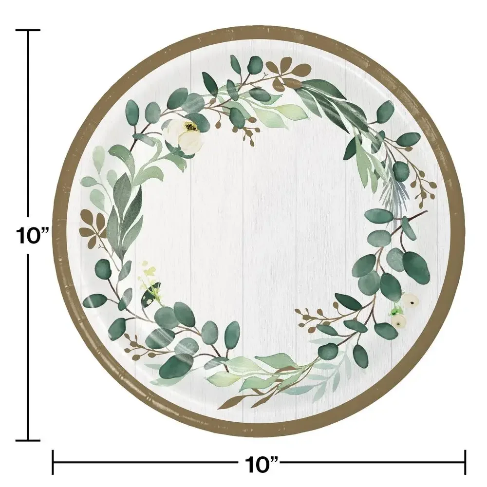 Eucalyptus Party Dinner Plates 24 Pack Disposable Paper Plates 24 Guests 10" Round Green/White/Gold Theme Wedding
