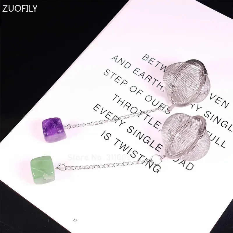 New Natural Crystal Square Stone 304 Stainless Steel Tea Infuser Mesh Filter with Chain Tea Strainer Teapot Spice Seasoning Ball
