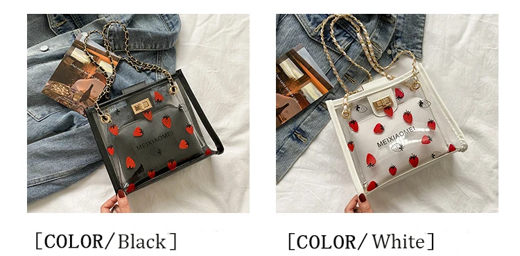 Borsa trasparente alla moda per donna Borsa a tracolla da donna da viaggio trasparente in PVC con borsa Borsa tote ecologica fragola di grande capacità_voghion.com