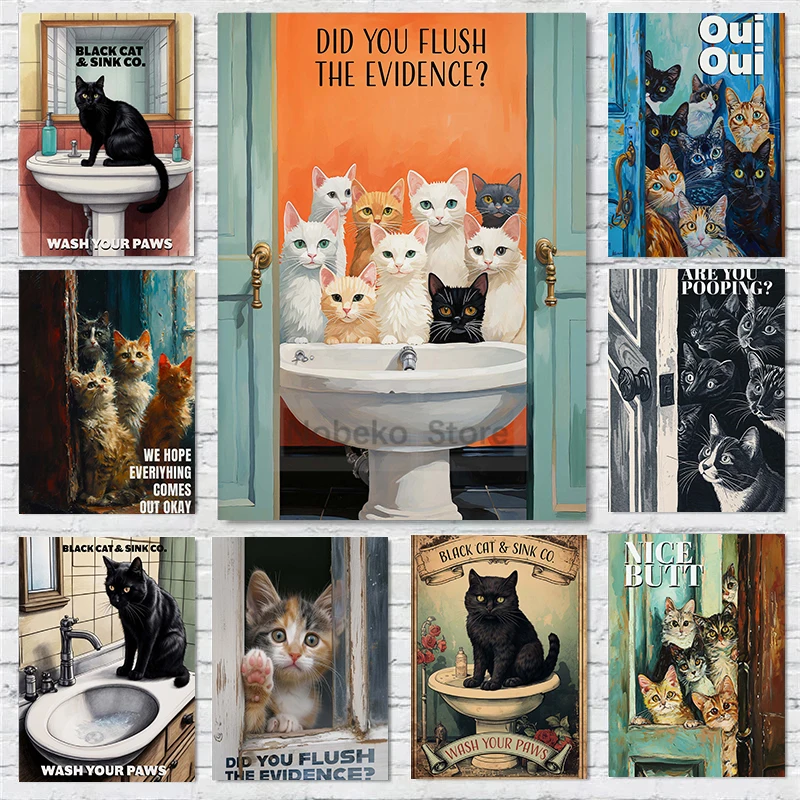 Funny Cute Cat Pooping Toilet Black Cat Wash Your Paws Poster Prints Canvas Painting Wall Art Pictures Bagno Home Room Decor