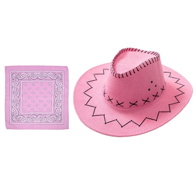 Women Cowboy Hat Western Wide Brim Hat Handkerchief Knight Set Cosplay Party Costume Men Fedora Headdress cowboy hats cowgirl hats