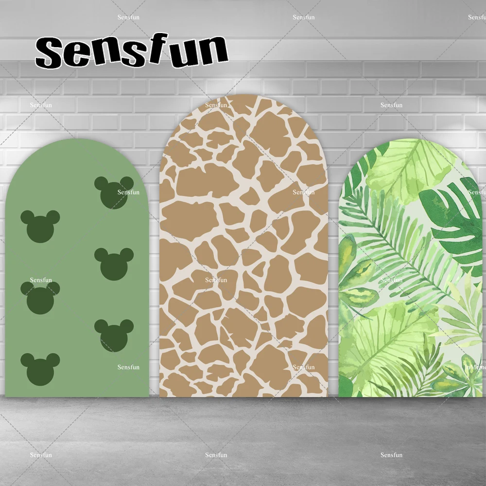 

Safari Jungle Theme Chiara Arch Backdrop Cover Green Leaves Giraffe Pattern Mickey Mouse Head Background For Boys Birthday Party