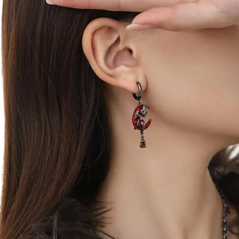 Asymmetry Red Moon Rose Earrings Women European American Style Personality Crystal Drop Pendant Earrings Jewelry Gift