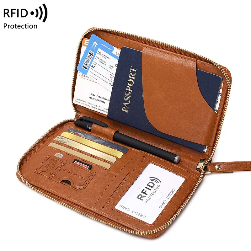 

Leather Passport Cover RFID Blocking Card Holder Zipper Wallet Travel Essentials Phone Bag International Travel Accessories