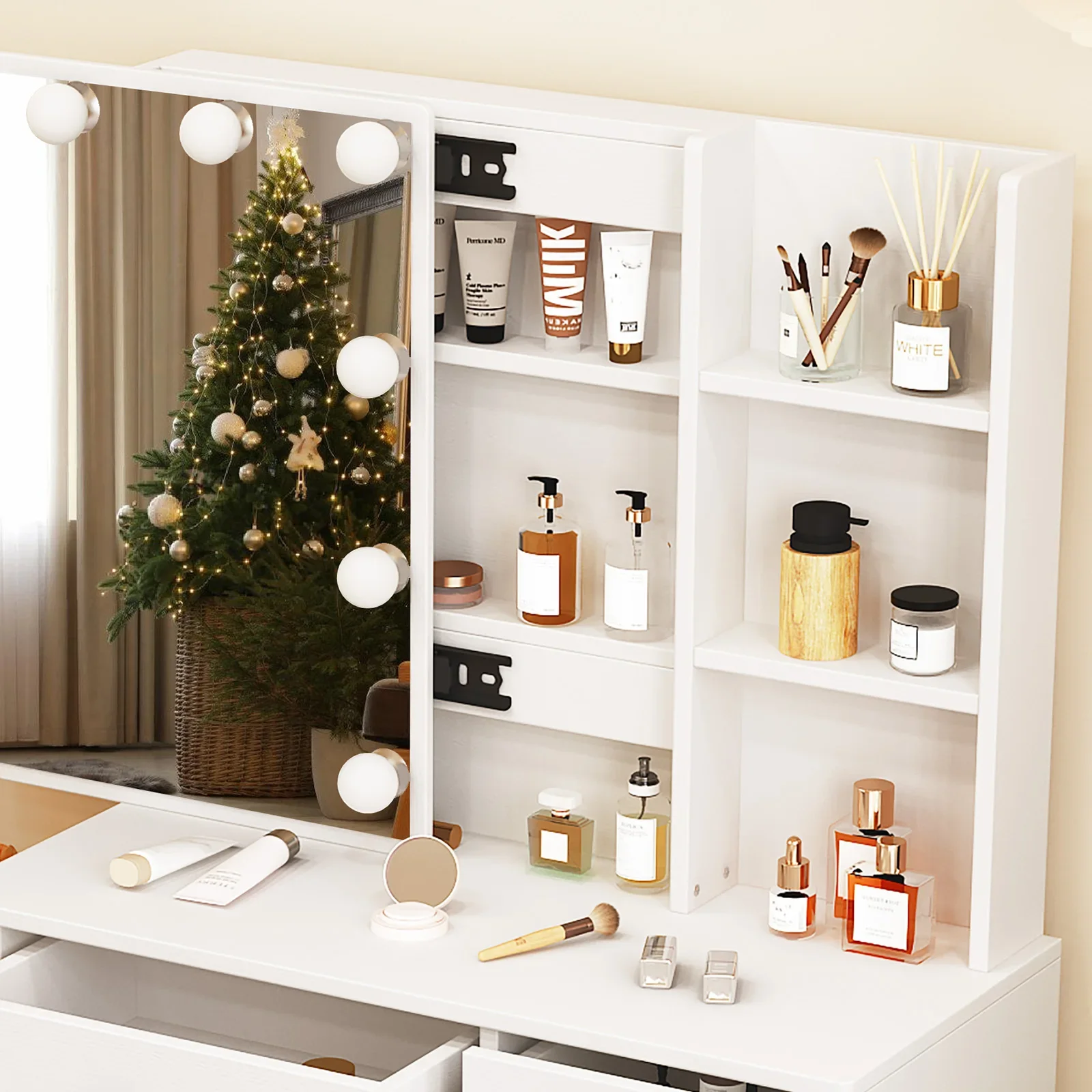 Teousev White Hollywood Vanity Set, 3-Colour Dimmable LED Bulb Mirror, 5 Drawers Storage Makeup Dressing Table for Women Bedroom