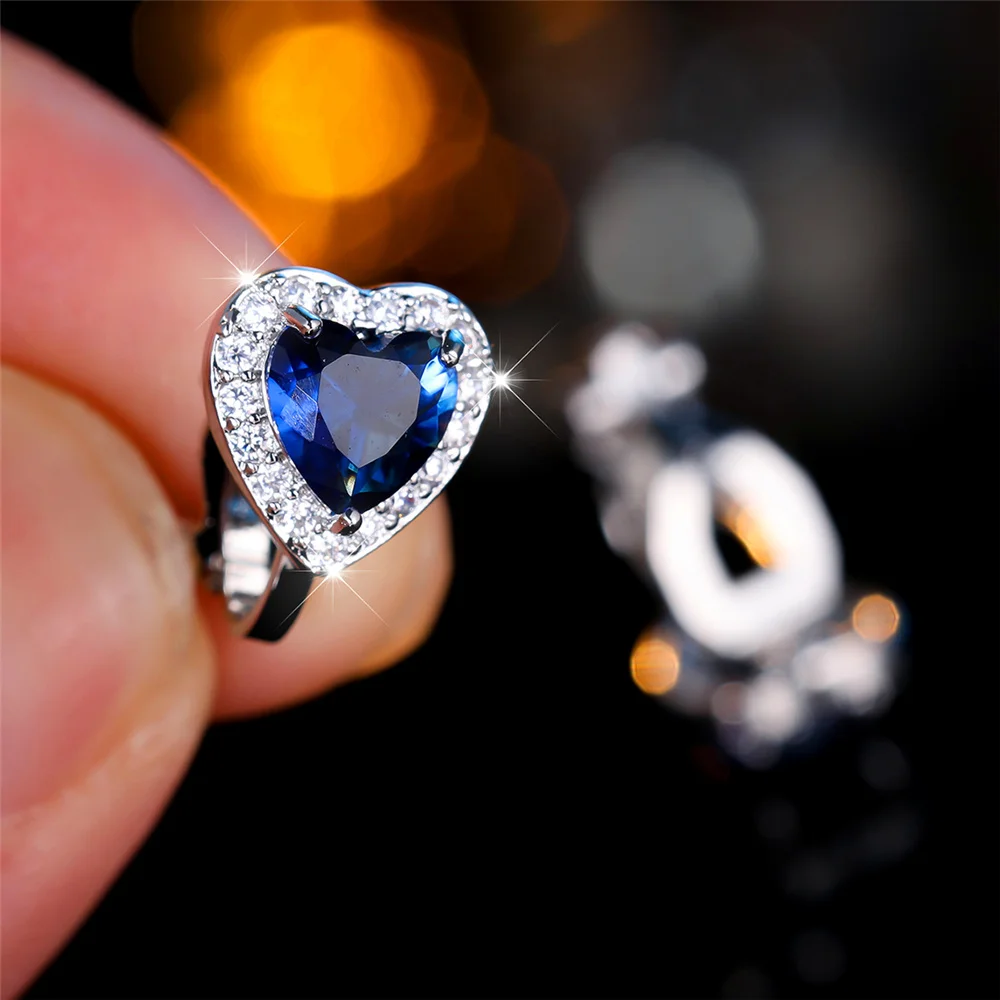Cute Female Zircon Stone Heart Clip Earrings Vintage Silver For Women