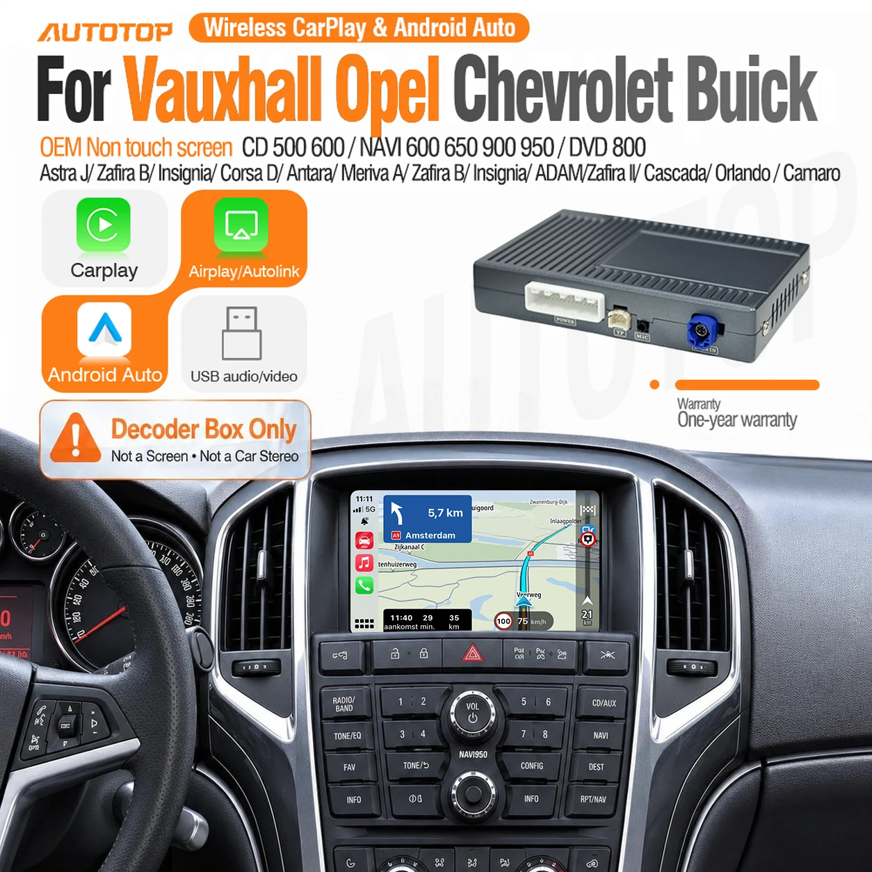 Kit de Actualización Inalámbrico Autotop Carplay Android Auto para Opel Vauxhall GM Insignia Astra J Corsa D Mokka Zafira B Zafira Tourer Meriva B Antara 2009-2017 Cd500 Cd600 Navi600 Navi650 Navi900 Navi950 DVD800 Interfaz OEM sin Pantalla Táctil Módulo Airplay para Coche 2