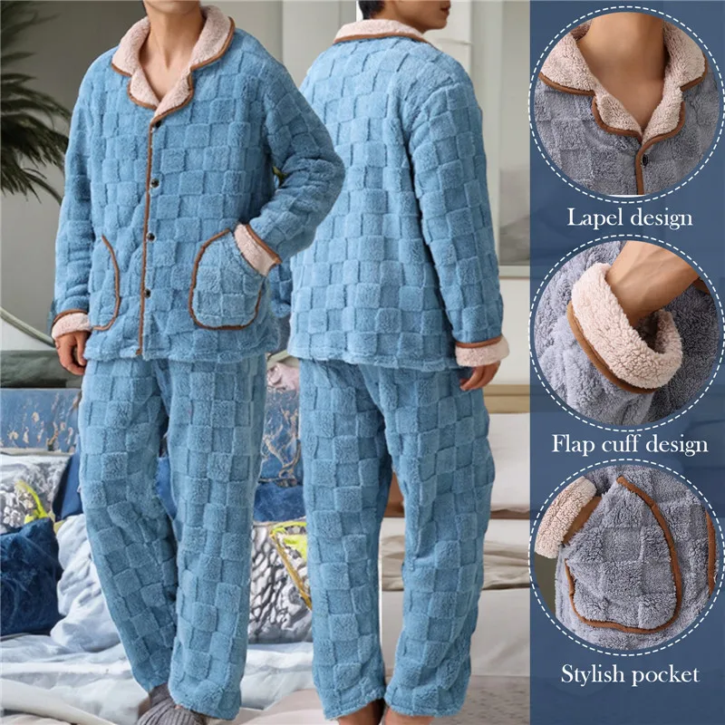 

Men Winter Thickened Coral Fleece Pajamas Trousers Long Sleeve Plaid Jacquard Cardigan 2PCS Set Warm Leisure Flannel Nightwear
