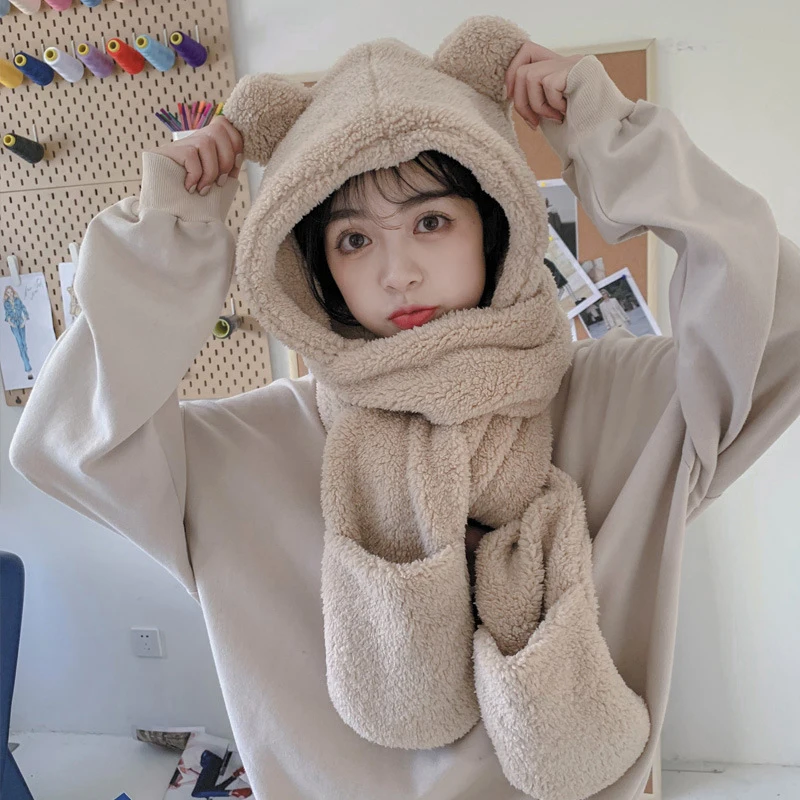 

New Cute Bear Ear Hat Scarf Gloves Set Winter Women Beanies Caps Warm Casual Plush Hats Casual Solid Fleece Girl Kawaii Present