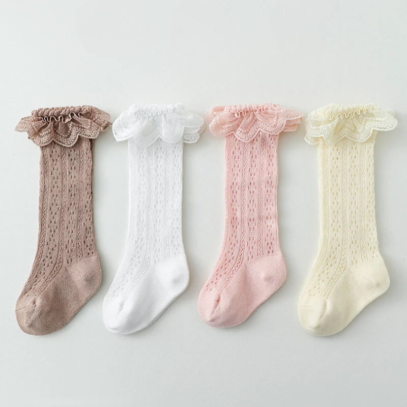 Baby Lace Princess Knee High Socks Kids Girls Boys Long Sock Cotton Mesh Breathable Children Hollow Out Socken for 0-3 Years Old 4