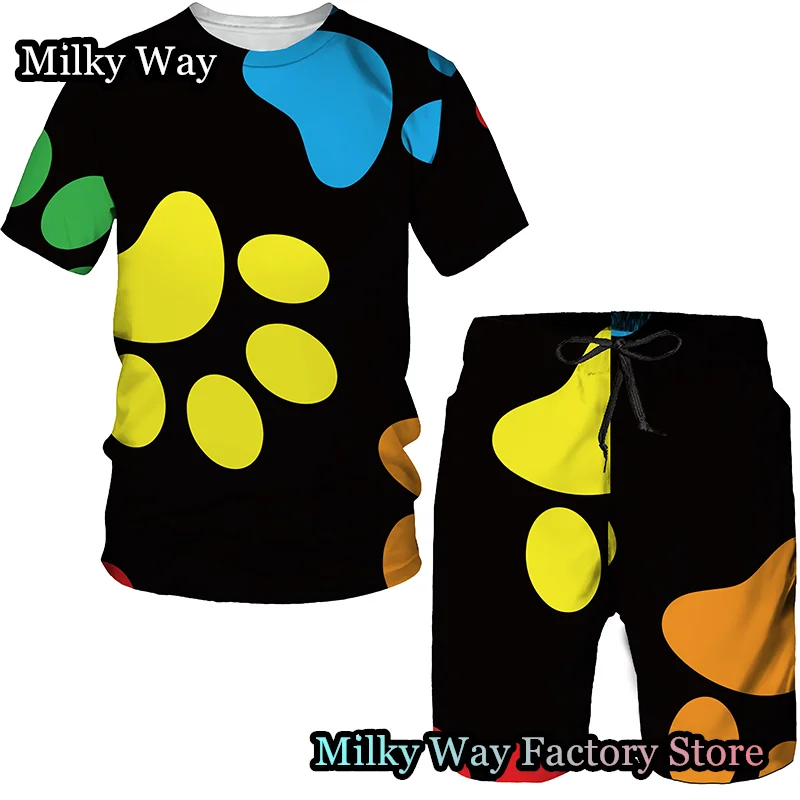 

Men Summer Casual Tracksuit Dog Paw Printed T-Shirt Shorts Set 2 Pieces Animal Outfit Set Male Suit Clothing Fashion Streetwear