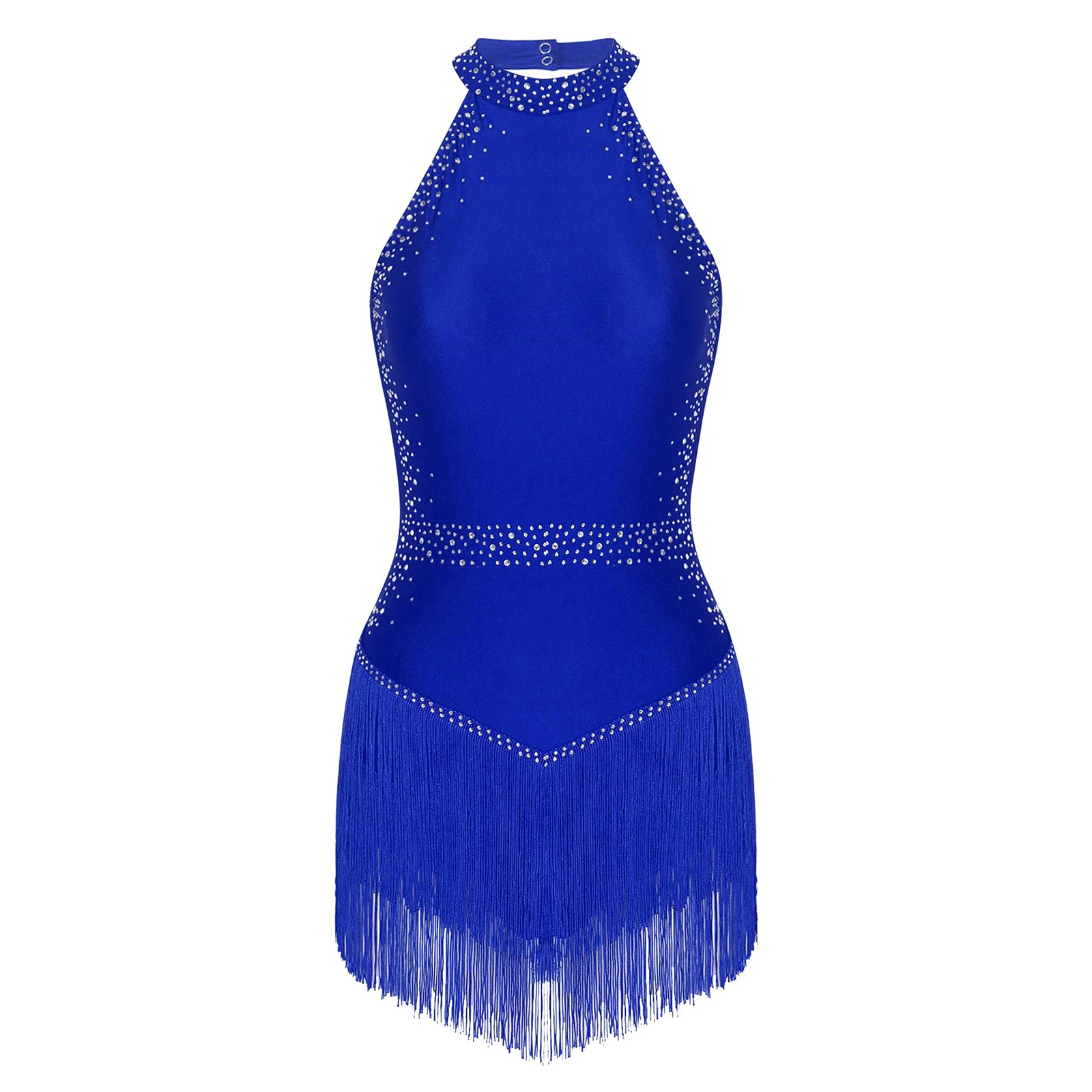 Dance bodysuit Womens fringed dance leotard glittery rhinestones halter sleeveless tassel bodysuit for figure skating tango samba Latin jazz