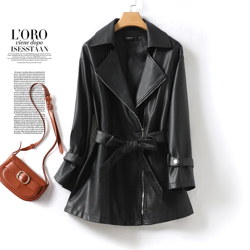 

Haining Genuine Leather Women's 2023 Spring and Autumn New Loose Slim Sheepskin Mid length Leather Windbreaker Motorcycle Coat