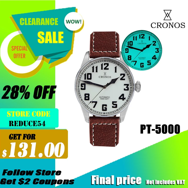 Cronos Pilot Flieger Orologio Meccanico Per Uomo Acciaio Inossidabile Luce Blu Luminoso Zaffiro Cristallo Scheletro Cinturino In Pelle Posteriore