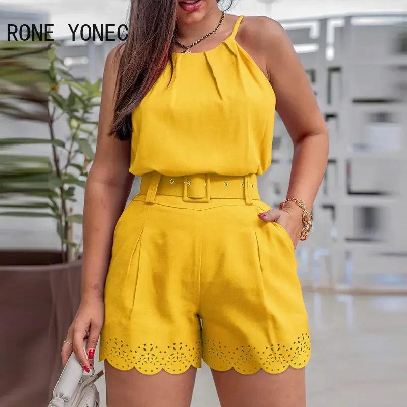 

Женские повседневные летние облегающие короткие комплекты с лямкой на шее и поясом