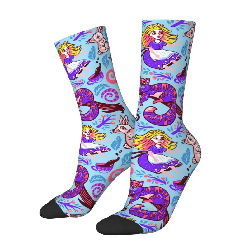 

Custom Funny Printing Alice In Wonderland Socks for Women Men Stretch Summer Autumn Winter Cheshire Cat Crew Socks