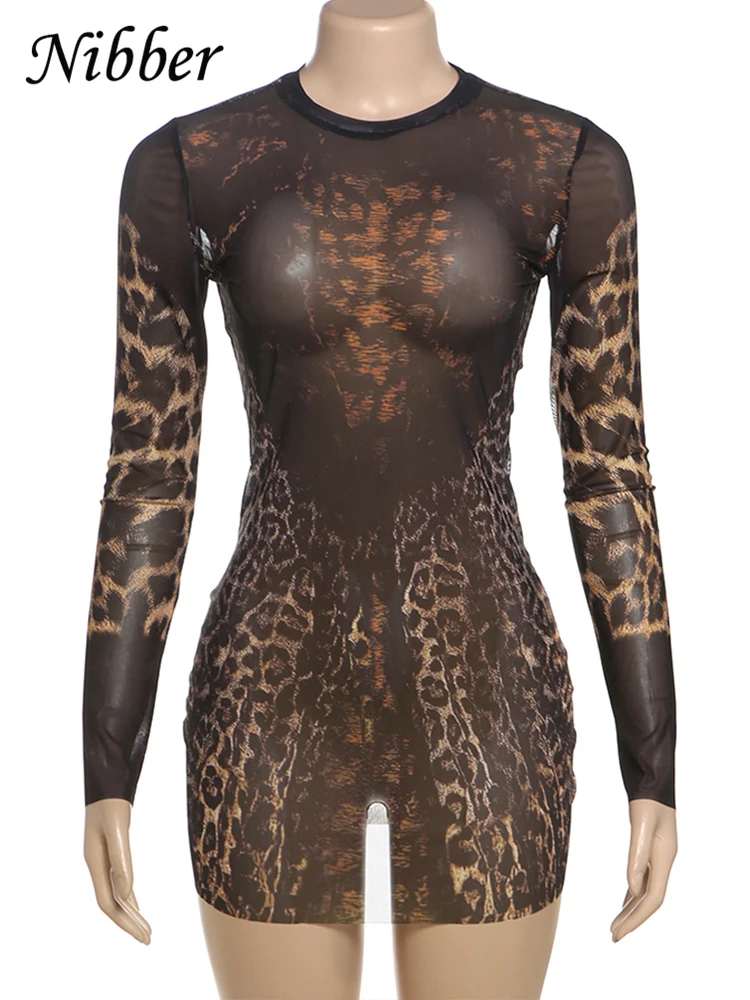 Nibber See Through Dress Women Sexy Coquette Leopard Print Full Sleeve o-Neck Stretch Wild Mini Bodycon Midnight Party Clubwear