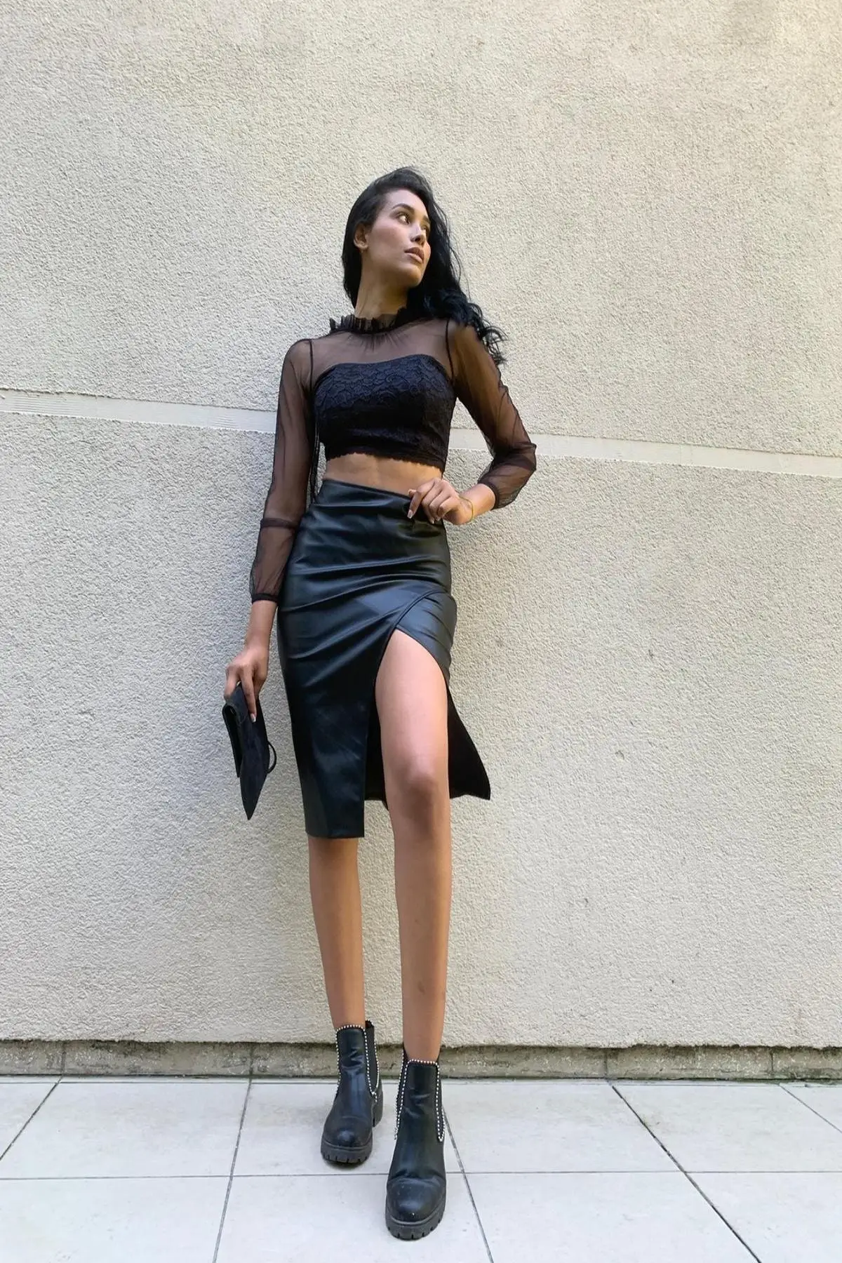 

Zippered Back Suede Leather Midi Length Wrap Skirt Black