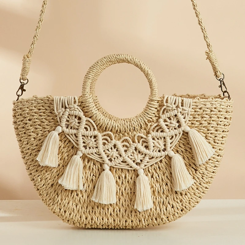 

Women's Half Moon Shape Straw Bag Simple Hand Woven Paper Rope Tassel Handbag Summer Bohemia Bali Travel Beach Crossbody Bag