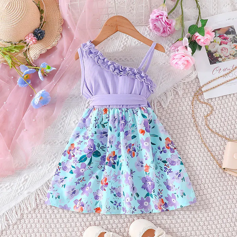 Dress For Kids 1 - 6 Years old Birthday SummerRuffles Floral Off Shoulder Sleeveless Kids Princess Dresses Ootd For Baby Girl