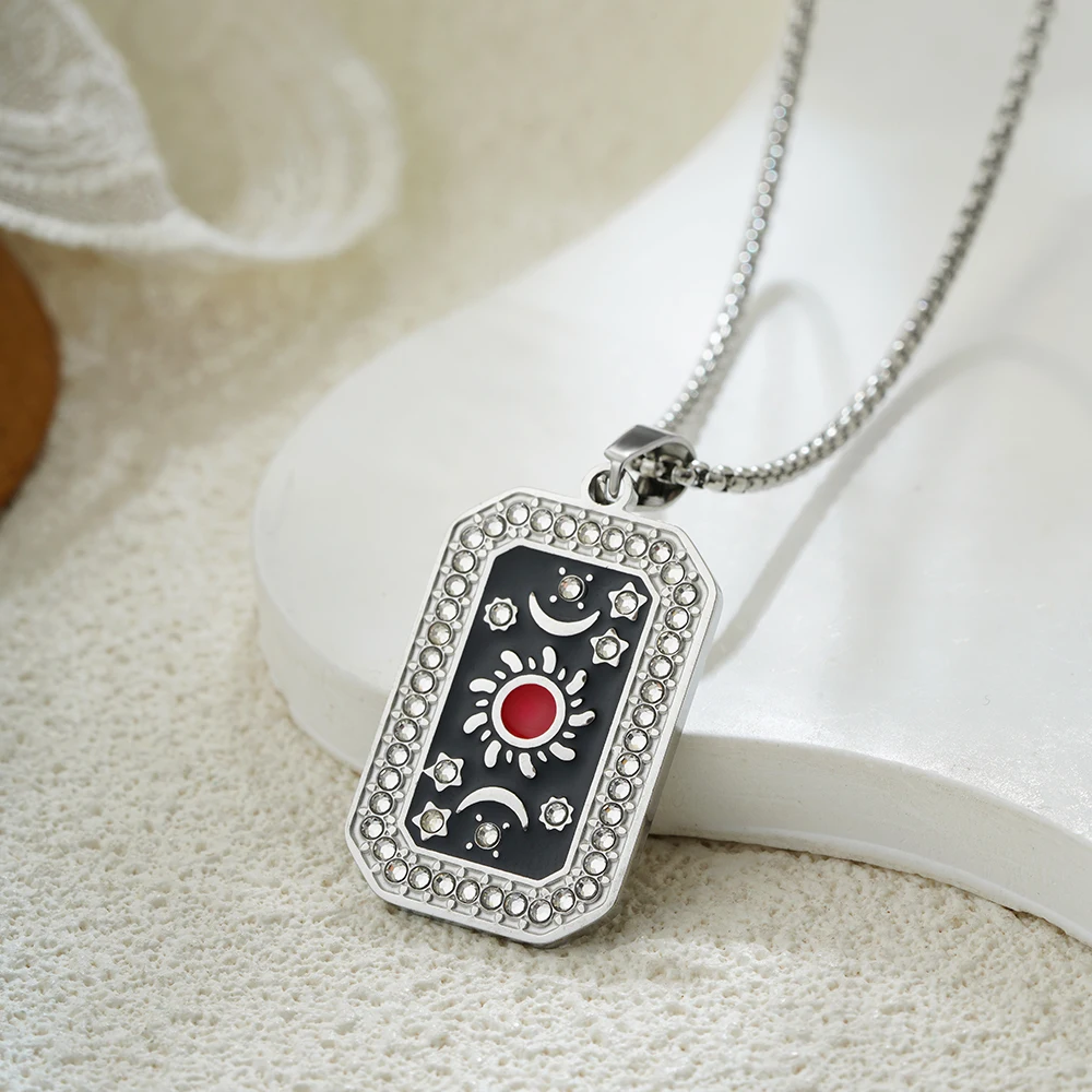 Silver Color Stainless Steel Square Tarot Card Palm Evil Eye Star Moon Sun Pendant Neckalce Zircon Unisex Punk Vintage Jewelry