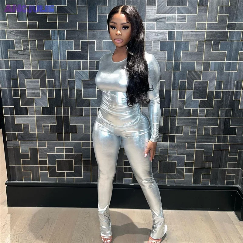 

Женский комплект из двух предметов Angjulie, облегающая футболка с длинным рукавом и круглым вырезом и Приталенные брюки с высокой талией, Y2K