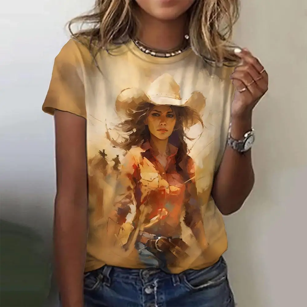 

Western Cowgirl Print Vintage Women's T-shirts Casual Short Sleeves Tees Tops Summer Loose Handsome Women Clothing Pullover