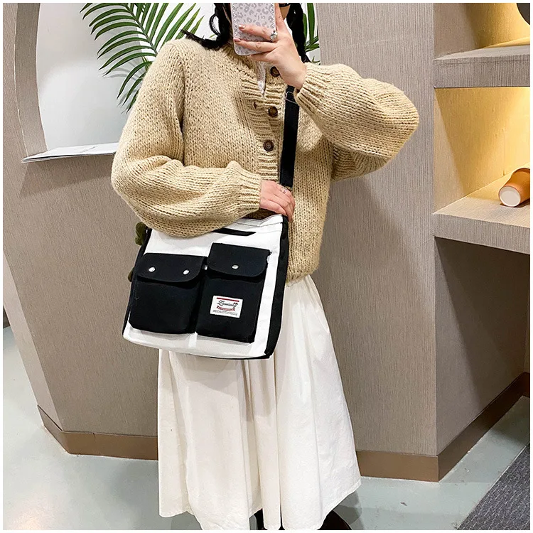 Women's Double Pocket Canvas Bag Fashion Trend Single Shoulder Bag with Lid Zipper Messenger Bag Tote Bag Student Tuition Bag